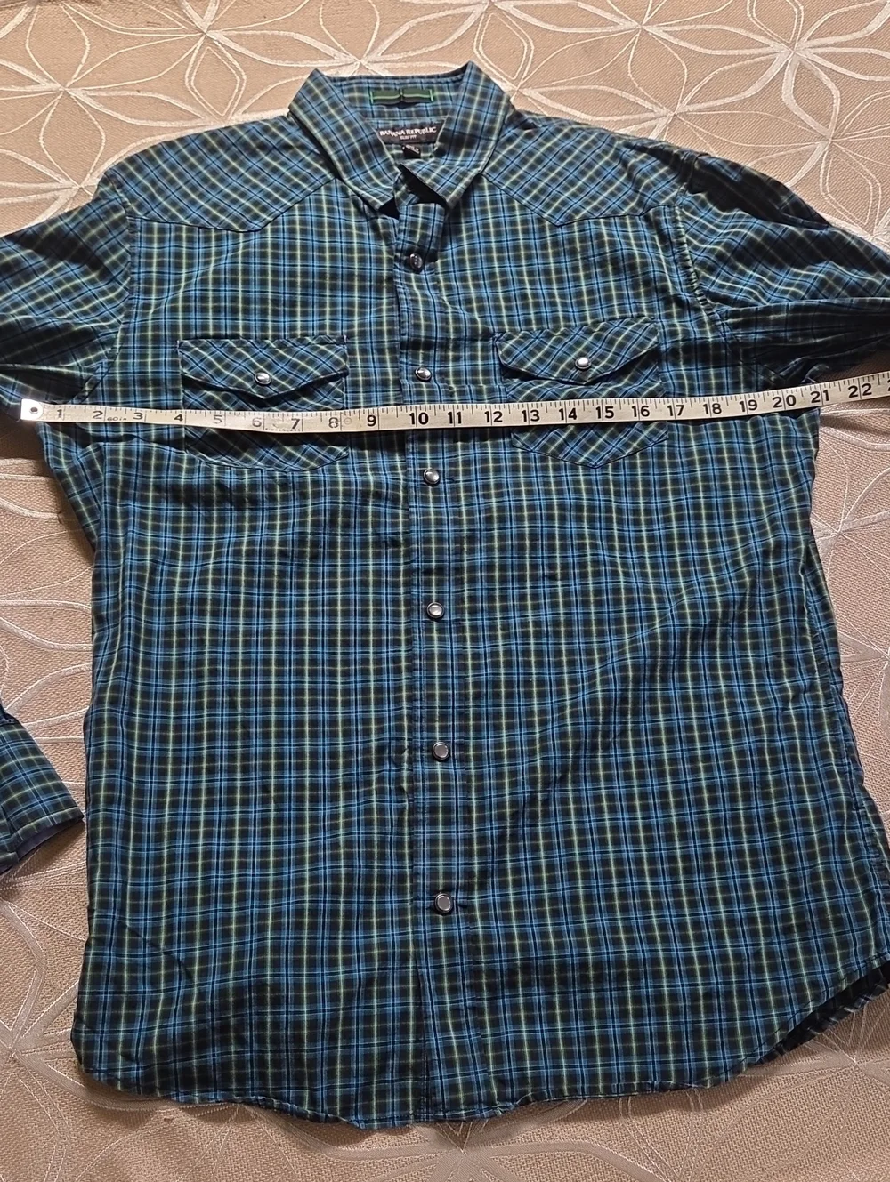Banana Republic Long Sleeved Plaid Pearl Snap-Down Shirt - Blue/Green